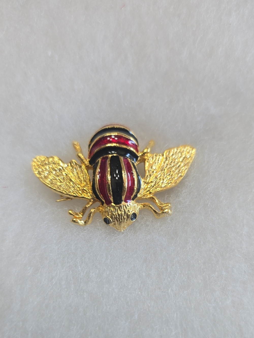 Gold Bee Brooch with Red and Black Enamel Stripes